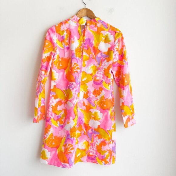 Vintage 60s Acid Pink Mod Long Sleeve Mini Dress M - Picture 5 of 6